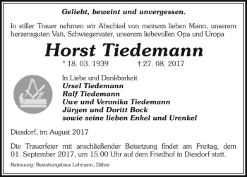 Traueranzeige von Horst Tiedemann  von Magdeburger Volksstimme