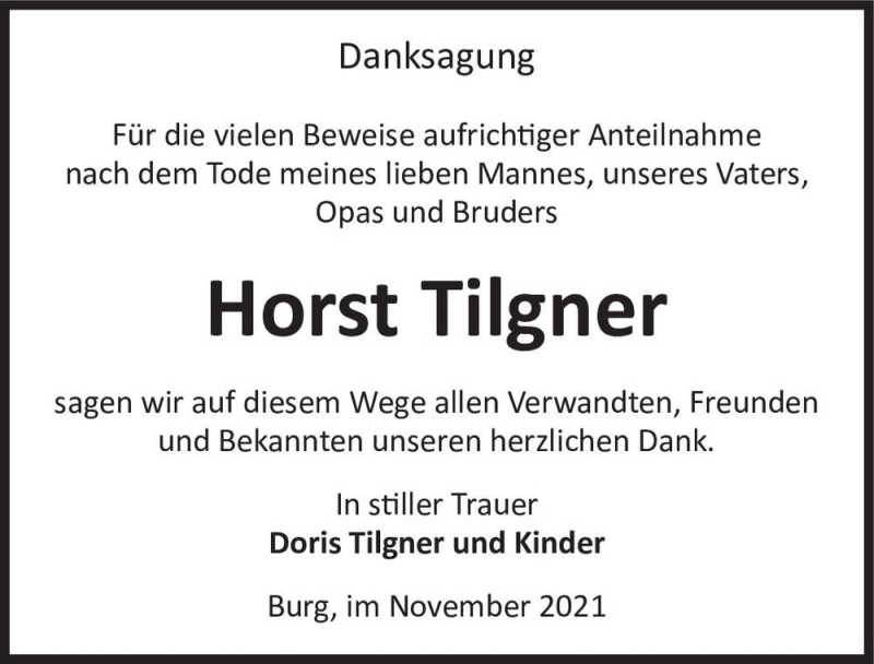  Traueranzeige für Horst Tilgner  vom 27.11.2021 aus Magdeburger Volksstimme