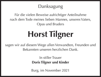 Traueranzeige von Horst Tilgner  von Magdeburger Volksstimme