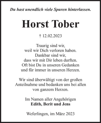 Traueranzeige von Horst Tober  von Magdeburger Volksstimme