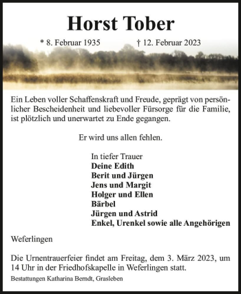 Traueranzeige von Horst Tober  von Magdeburger Volksstimme