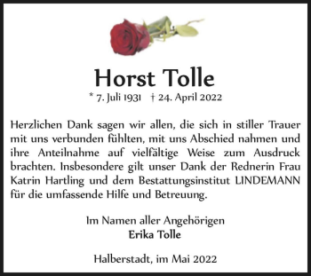 Traueranzeige von Horst Tolle  von Magdeburger Volksstimme