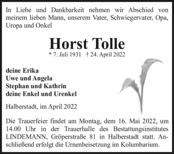 Traueranzeige von Horst Tolle  von Magdeburger Volksstimme