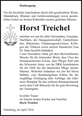 Traueranzeige von Horst Treichel  von Magdeburger Volksstimme