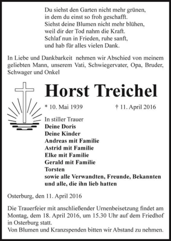Traueranzeige von Horst Treichel  von Magdeburger Volksstimme