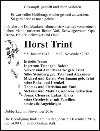 Traueranzeige von Horst Trint  von Magdeburger Volksstimme