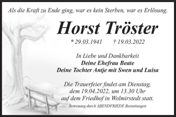 Traueranzeige von Horst Tröster  von Magdeburger Volksstimme