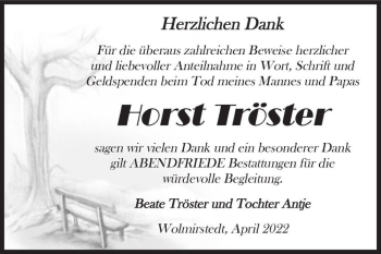 Traueranzeige von Horst Tröster  von Magdeburger Volksstimme