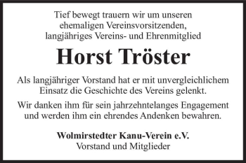 Traueranzeige von Horst Tröster  von Magdeburger Volksstimme