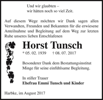 Traueranzeige von Horst Tunsch  von Magdeburger Volksstimme