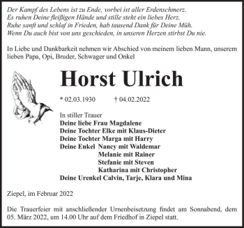 Traueranzeige von Horst Ulrich  von Magdeburger Volksstimme