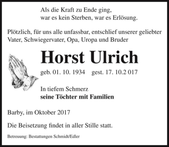 Traueranzeige von Horst Ulrich  von Magdeburger Volksstimme