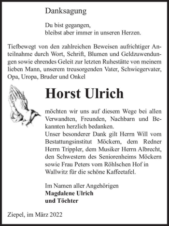 Traueranzeige von Horst Ulrich  von Magdeburger Volksstimme