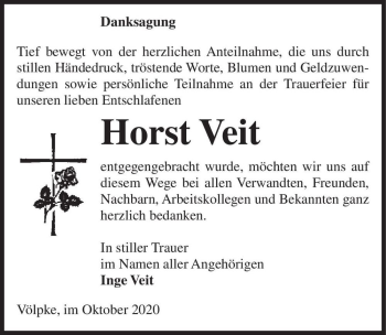 Traueranzeige von Horst Veit  von Magdeburger Volksstimme