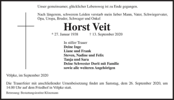 Traueranzeige von Horst Veit  von Magdeburger Volksstimme