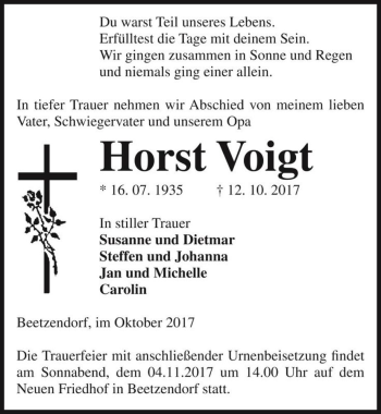 Traueranzeige von Horst Voigt  von Magdeburger Volksstimme