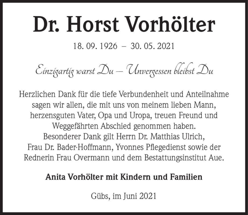  Traueranzeige für Horst Vorhölter  vom 12.06.2021 aus Magdeburger Volksstimme