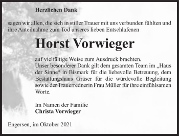 Traueranzeige von Horst Vorwieger  von Magdeburger Volksstimme