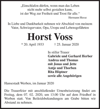 Traueranzeige von Horst Voss  von Magdeburger Volksstimme