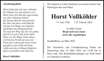Traueranzeige von Horst Voßköhler  von Magdeburger Volksstimme