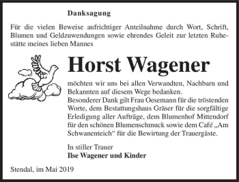 Traueranzeige von Horst Wagener  von Magdeburger Volksstimme