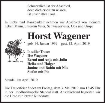 Traueranzeige von Horst Wagener  von Magdeburger Volksstimme