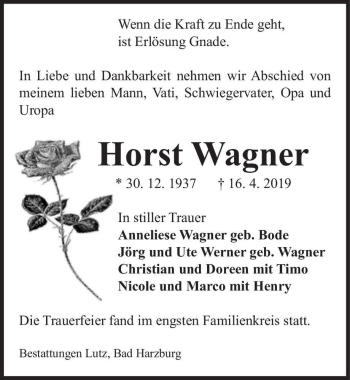 Traueranzeige von Horst Wagner  von Magdeburger Volksstimme
