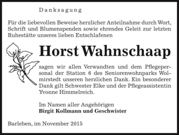 Traueranzeige von Horst Wahnschaap  von Magdeburger Volksstimme