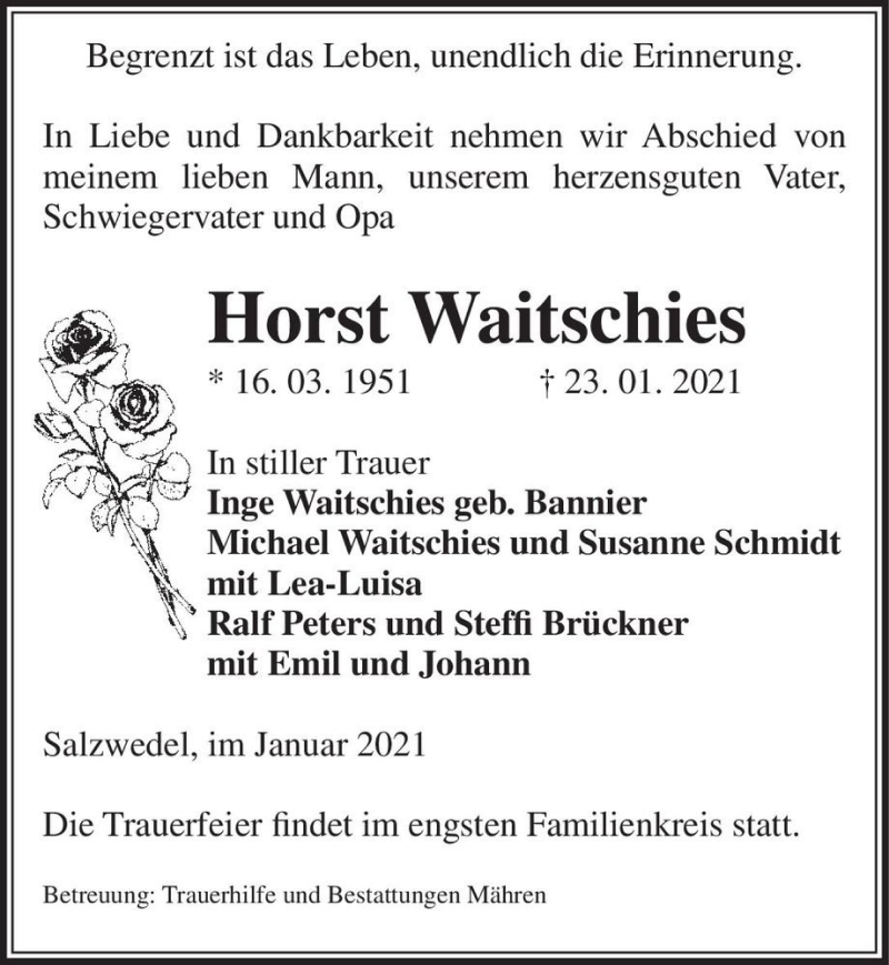  Traueranzeige für Horst Waitschies  vom 27.01.2021 aus Magdeburger Volksstimme