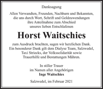 Traueranzeige von Horst Waitschies  von Magdeburger Volksstimme