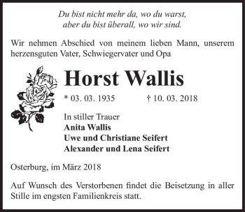 Traueranzeige von Horst Wallis  von Magdeburger Volksstimme