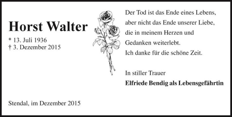  Traueranzeige für Horst Walter  vom 11.12.2015 aus Magdeburger Volksstimme