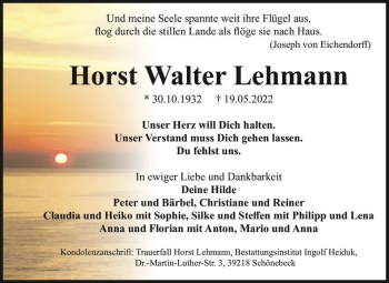 Traueranzeige von Horst Walter Lehmann  von Magdeburger Volksstimme