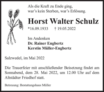 Traueranzeige von Horst Walter Schulz  von Magdeburger Volksstimme
