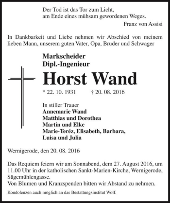 Traueranzeige von Horst Wand  von Magdeburger Volksstimme
