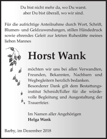 Traueranzeige von Horst Wank  von Magdeburger Volksstimme