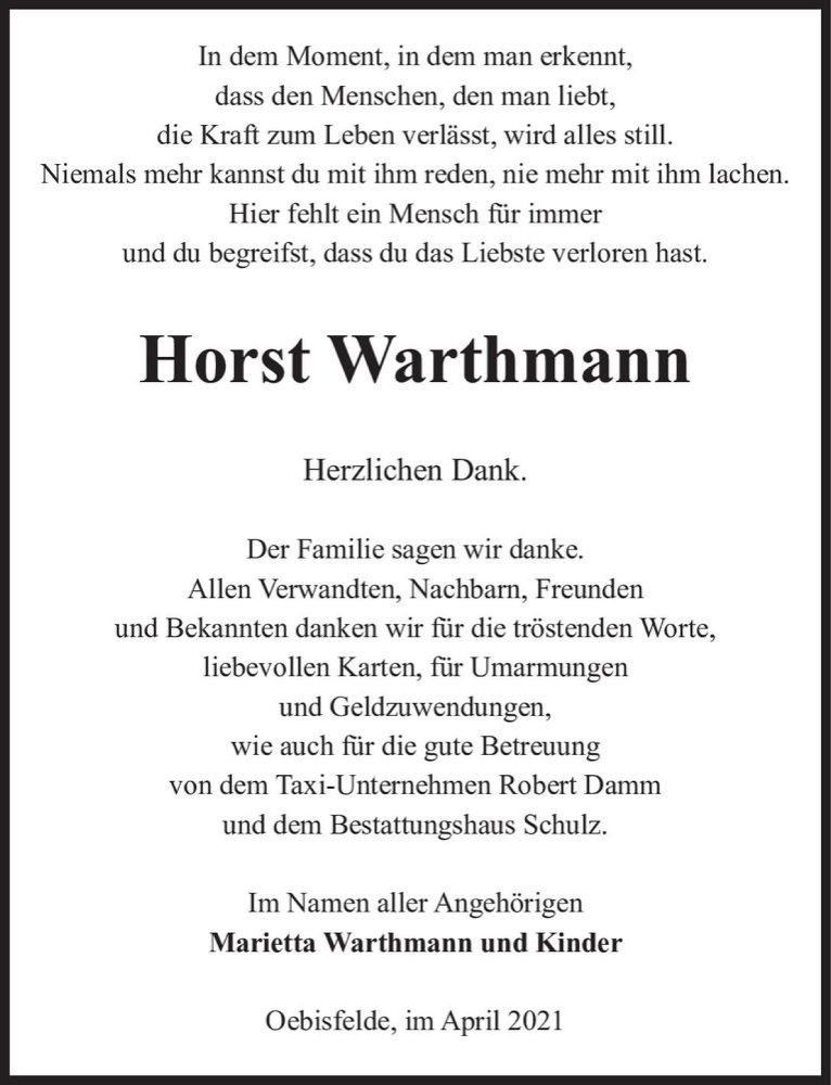  Traueranzeige für Horst Warthmann  vom 30.04.2021 aus Magdeburger Volksstimme