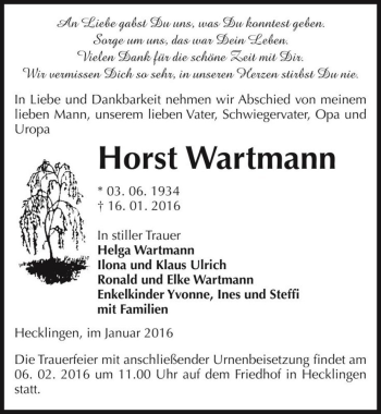 Traueranzeige von Horst Wartmann  von Magdeburger Volksstimme