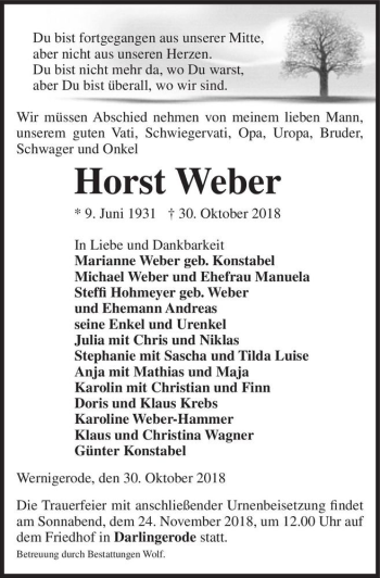 Traueranzeige von Horst Weber  von Magdeburger Volksstimme
