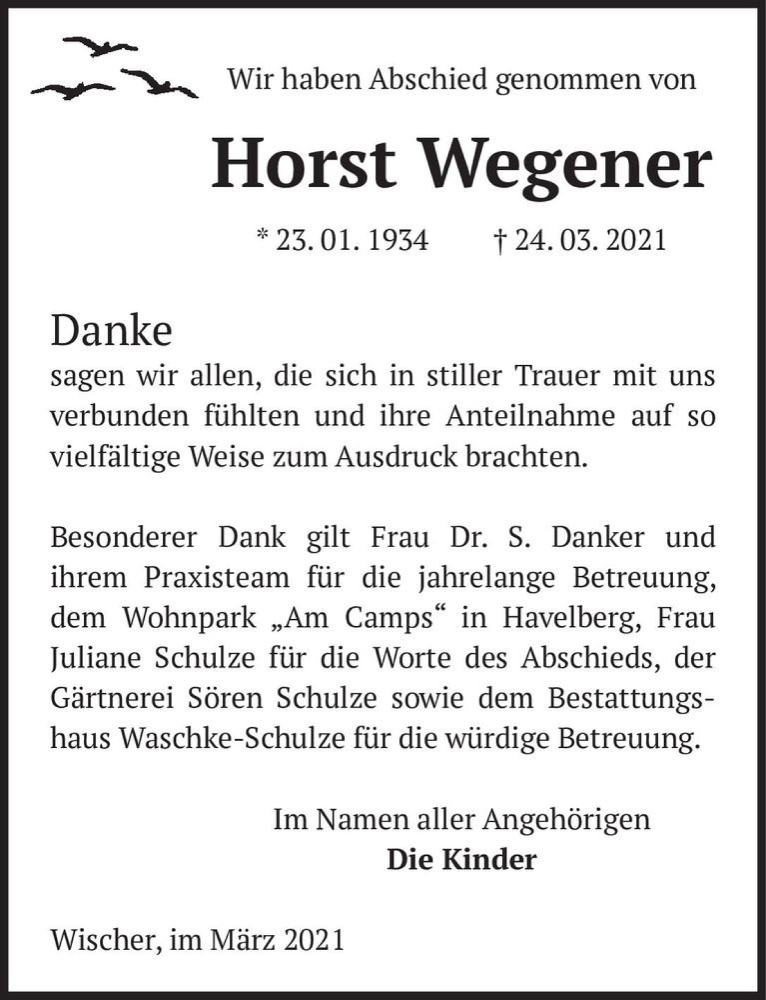  Traueranzeige für Horst Wegener  vom 30.04.2021 aus Magdeburger Volksstimme
