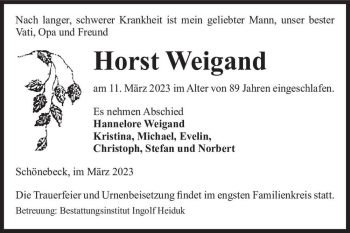 Traueranzeige von Horst Weigand  von Magdeburger Volksstimme