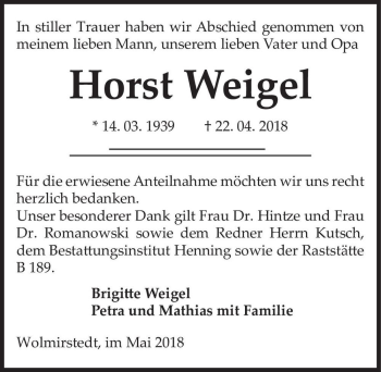 Traueranzeige von Horst Weigel  von Magdeburger Volksstimme