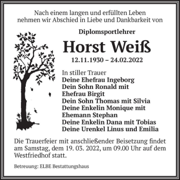 Traueranzeige von Horst Weiß  von Magdeburger Volksstimme