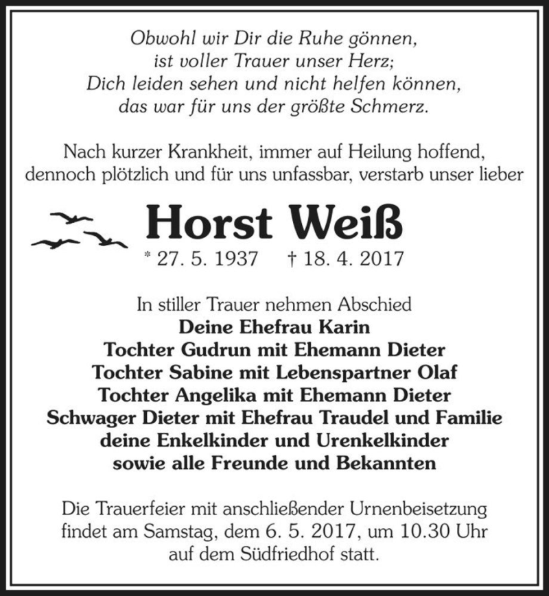  Traueranzeige für Horst Weiß  vom 29.04.2017 aus Magdeburger Volksstimme