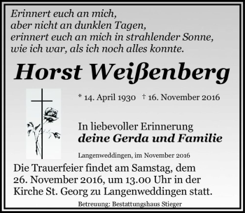 Traueranzeige von Horst Weißenberg  von Magdeburger Volksstimme