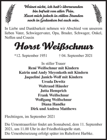 Traueranzeige von Horst Weißschnur  von Magdeburger Volksstimme