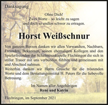 Traueranzeige von Horst Weißschnur  von Magdeburger Volksstimme