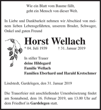 Traueranzeige von Horst Wellach  von Magdeburger Volksstimme