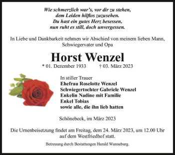 Traueranzeige von Horst Wenzel  von Magdeburger Volksstimme