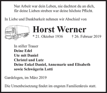 Traueranzeige von Horst Werner  von Magdeburger Volksstimme